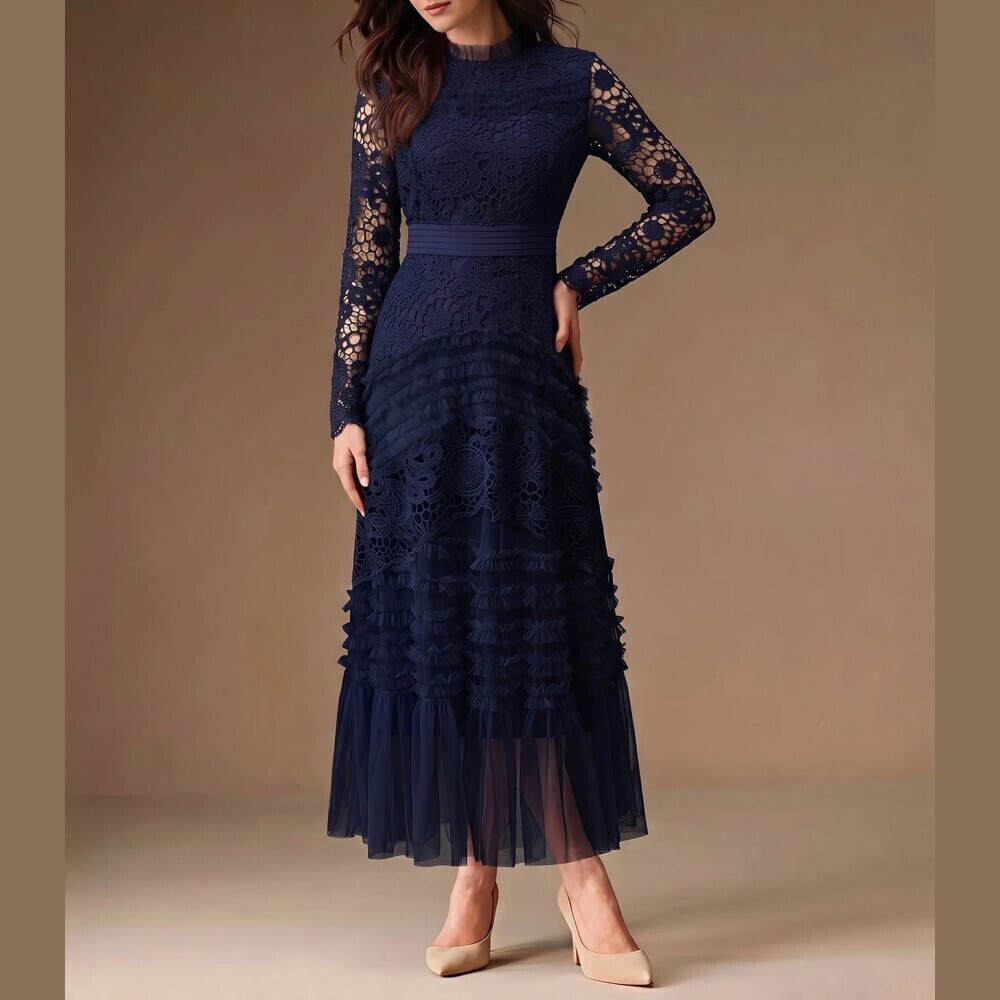 Navy Blue Crochet Lace Sheer Long Sleeve Stand Collar Tiered Ruffle Maxi Dress